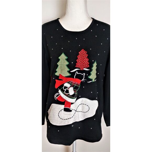 Vintage Christmas Cat / Ugly Xmas Sweater / Ice Skating Cat / Sz Med/ Sweatshirt - Picture 3 of 12